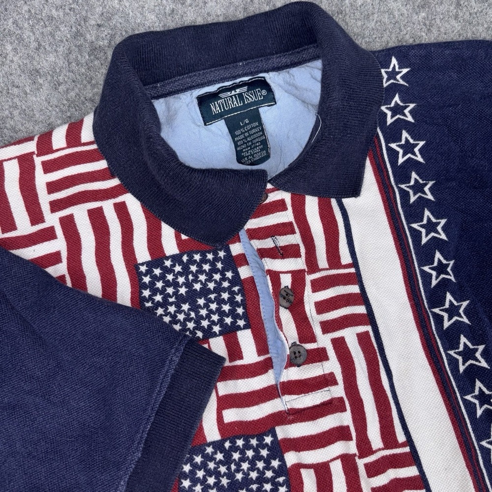 Vintage Natural Issue Polo Shirt Mens Large Red White Blue Patriotic USA Flag